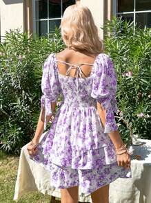 Soleia Vestido de verano con diseño de flores y cuello cuadrado con dobladillo con volantes - Morado - Ver 2