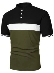 Manfinity Mode Men Summer Color Block Short Sleeve Casual Polo Formal Shirt Button Up Army Green Work Polo Shirt For Husband - Army Green - View 3
