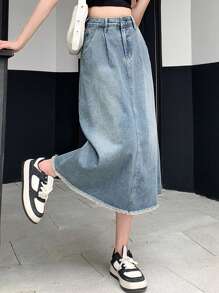 DAZY 女士毛边牛仔裙，适合春夏穿着 - 藍色 - 查看 3