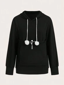 Chiquease Hooded Sweatshirt With Large Pocket In H-Shape Pullover Fall Outfit - Black - View 1