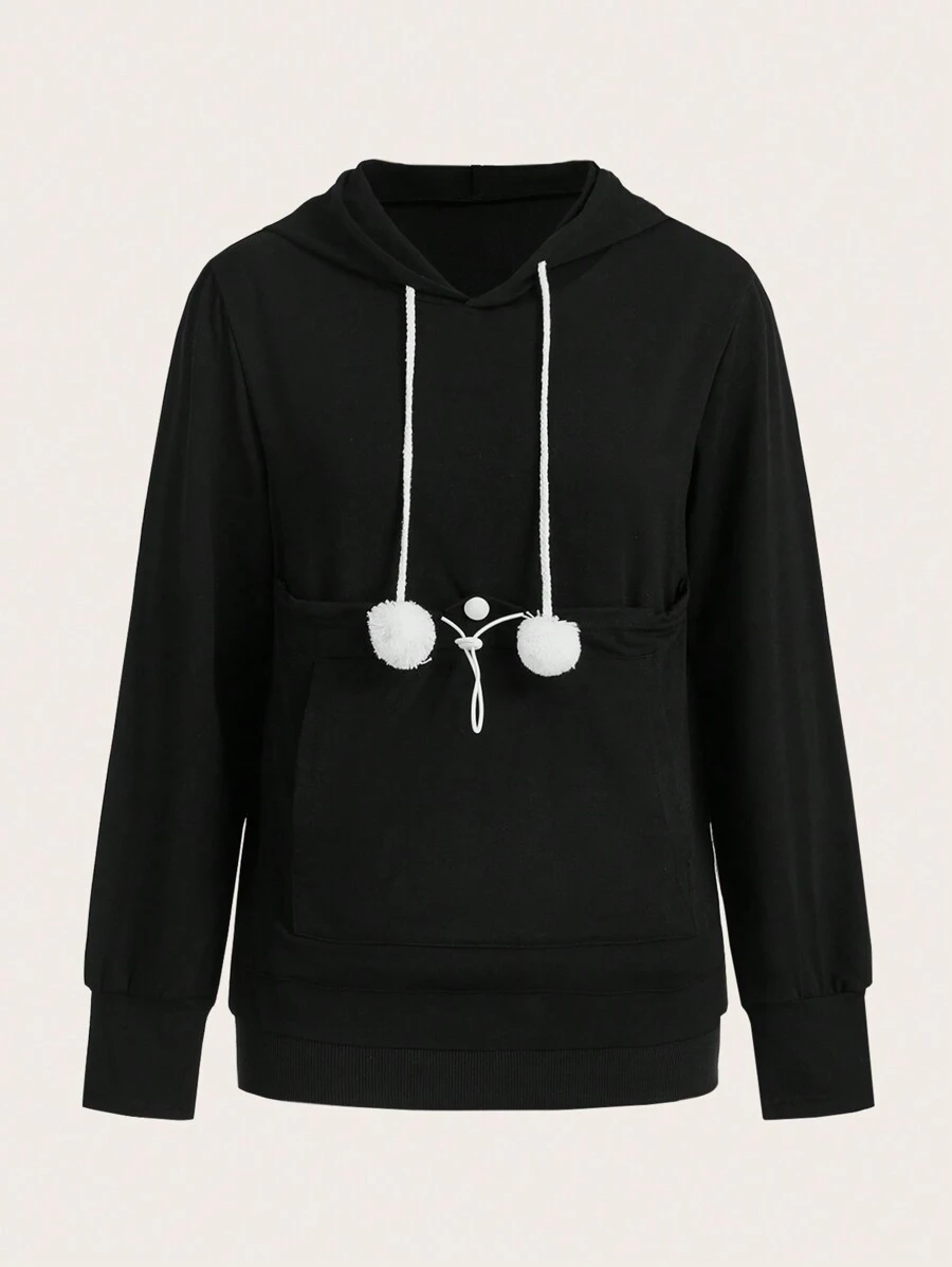 Chiquease Hooded Sweatshirt With Large Pocket In H-Shape Pullover Fall Outfit - Black - View 1
