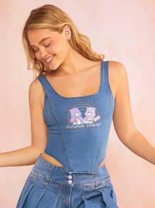 SHEIN X Care Bears 女性彩虹熊印花短身牛仔外套，適用於夏季 - 藍色 - 查看 1