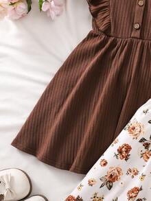 SHEIN 年轻女孩针织花卉圆领荷叶边袖孔美拉德风格可爱两件套连衣裙 - 彩色 - 查看 4