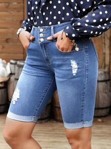 SHEIN LUNE Summer Slim Fit Distressed Denim Shorts - Light Wash - View 6