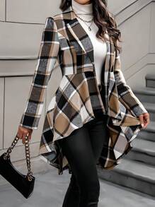 SHEIN LUNE 女式不對稱褶邊格紋羊毛外套 - 咖啡棕 - 查看 6