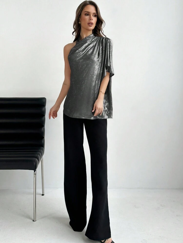 Women Fashion One Shoulder Ruffled Sleeve Shirt