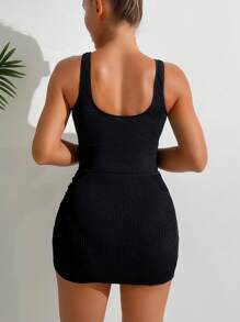 SHEIN Swim Traje De Baño De Una Pieza Sin Mangas, Corte Entallado, De Punto Acanalado De Summer Beach Y Falda Anudada