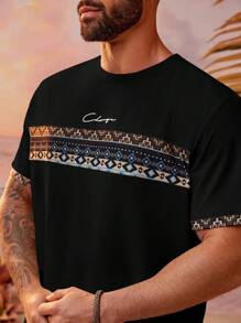 Manfinity VCAY Men Plus Size Summer Sports Leisure Knitted Geometric Printed Short Sleeve T-Shirt