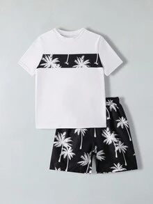 青少年男童泳衣套裝，印花定位上衣與隨機印花下著 - 黑與白 - 查看 6