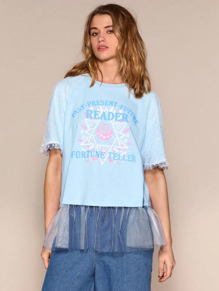 Women Summer Short Sleeve Casual T-Shirt With Letter Moon Print And Round Neck