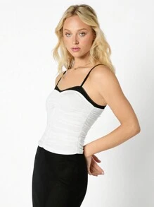 SHEIN EZwear Ladies Black And White Color Block Pleated Design Cami Top - White - View 7