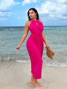 SHEIN SXY Pleated Fabric Halter Backless Cross Strap Sleeveless Dress - Hot Pink - View 1