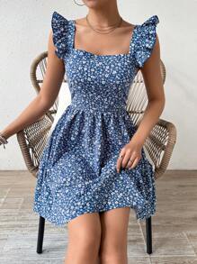 Breezaya 女士时尚甜美短袖随机印花连衣裙度假海滩装 - 藍色 - 查看 6