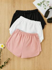 SHEIN 少女針織實色蝴蝶結休閒短褲三件套 - 粉色 - 查看 2