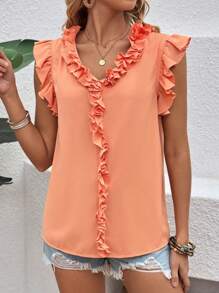 SHEIN LUNE Thời gian rảnh rỗi Màu thuần Viền Ruffle Trang trí Áo sơ mi - trái cam - Xem 6