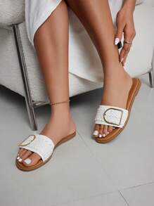 CUCCOO BIZCHIC Woman Shoes Fashionable Round Toe Woven Sandals With Metal Buckle Detail For Spring And Summer - White - View 2
