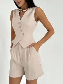 Firerie Bộ đồ hai mảnh thời trang đi làm thanh lịch cho nữ, áo vest và quần short cho mùa hè - Màu be - Xem 5