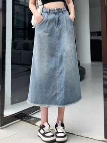 DAZY 女士毛边牛仔裙，适合春夏穿着 - 藍色 - 查看 1