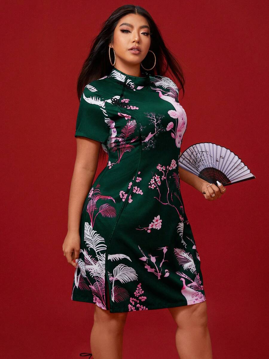 SHEIN Clasi 夏季新款中式花草印花鈕扣中長款大尺碼連衣裙 - 墨綠色 - 查看 1