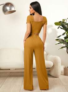 SHEIN SXY Conjunto de top y pantalones para mujer de color sólido con cuello cuadrado y detalles acanalados. - Marrón - Ver 2
