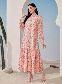 Mulvari Floral Print Ruffle Hem Smock Dress - Pink - View 3