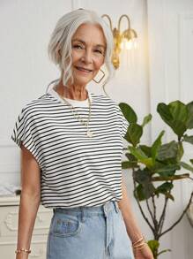 Cottnline Striped Batwing Sleeve Tee - Black and White - View 6