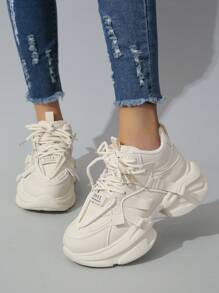 Women Leather Black And White Color Block Lace-Up Sport Shoes With Thick And Comfortable Sole, Decorated With Mesh And Tennis Shoelace, New Style 2024