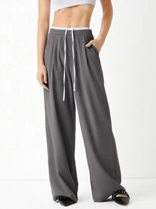 SHEIN EZwear 女性時尚休閒寬腿褲，帶綁帶腰設計 - 灰色 - 查看 5