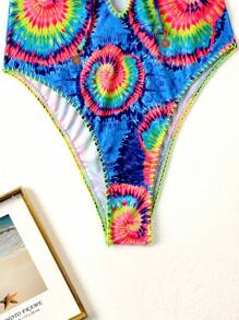 SHEIN Swim Summer Beach Women's Tie-Dye Halter One-Piece Swimsuit - Multicolor - View 7