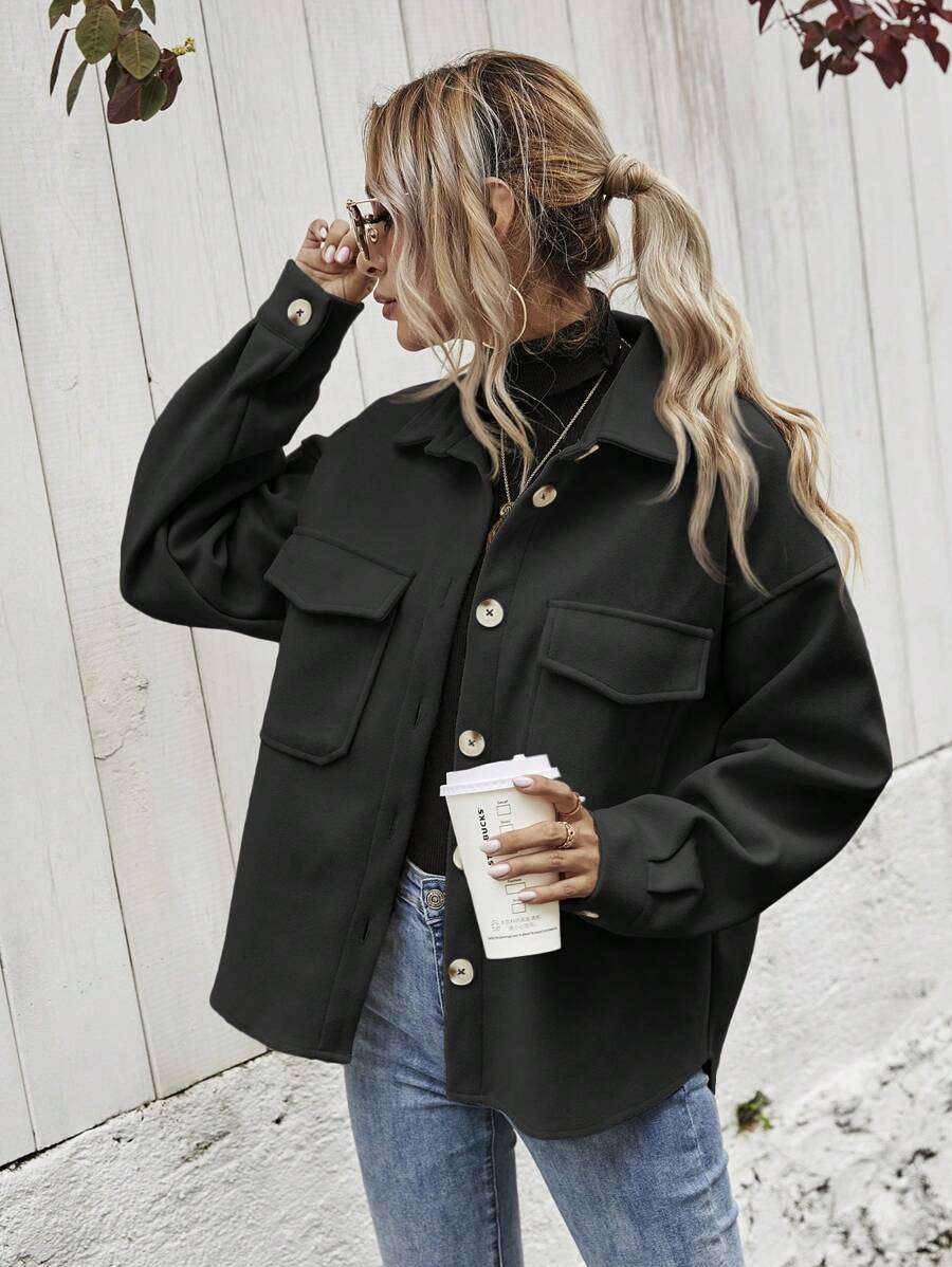 EURMUSE Flap Pocket Drop Shoulder Overcoat - Black - View 1