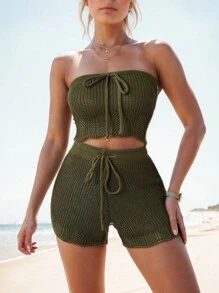 Zolique Women Sweater Co-ords Simpul Rib-Knit Dasi Depan Plain Casual Seksi - Hijau Tentara - View 6