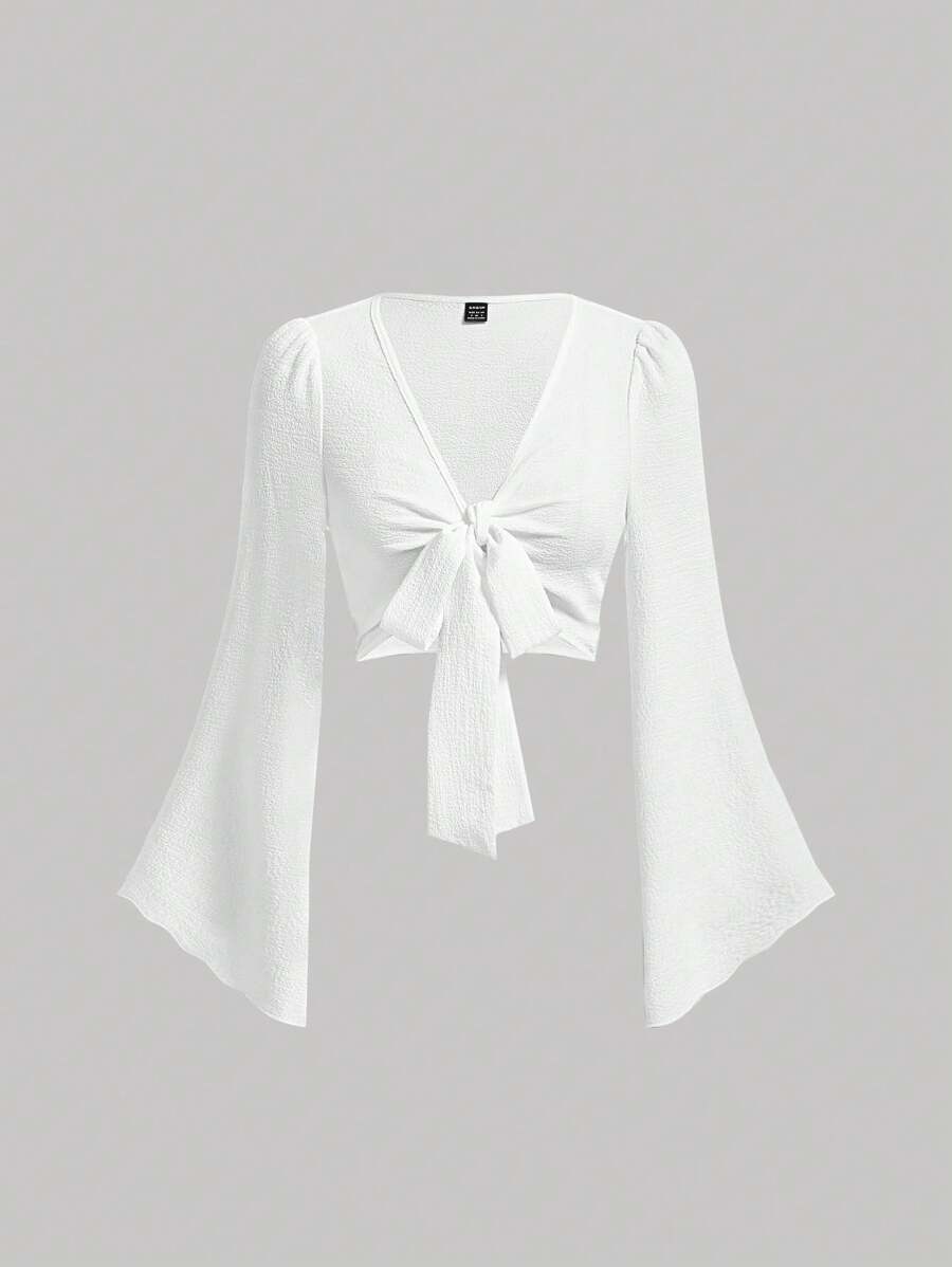 SHEIN MOD 女款純綠色打結手鈴袖上衣 - 白色 - 查看 1