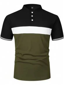 Manfinity Mode Men Summer Color Block Short Sleeve Casual Polo Formal Shirt Button Up Army Green Work Polo Shirt For Husband - Army Green - View 7