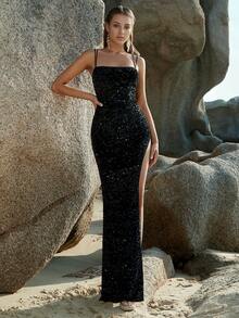 Split Thigh High Waist Backless Party Sequin Bodycon Long Cami Dress