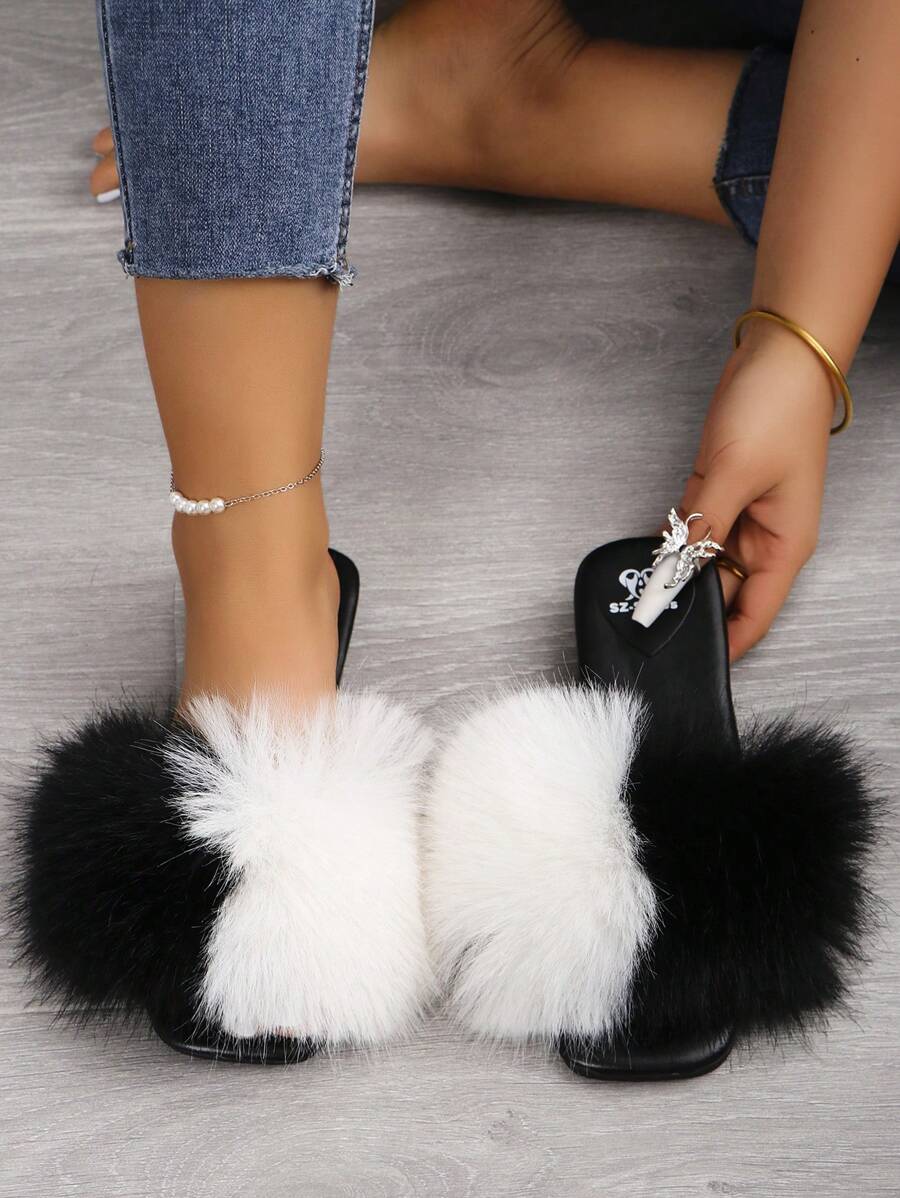 Women Fashionable And Comfortable Black Square Toe Open Toe Black And White Contrast Color Rabbit Fur Slip-On Flat Sandals, Thank You - Black and White - View 1