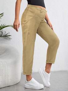 SHEIN Maternity Ripped Conical Jeans - Khaki - View 4
