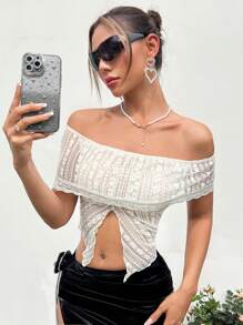 SHEIN ICON Y2K schlank geschnittenes Damen Top mit sehr weitem gefaltetem Off-Shoulder Design, Strukturstoff und gespaltener Untersaum mit spitzen Enden, Outfit für Sommerspaziergang oder Ausgehen
