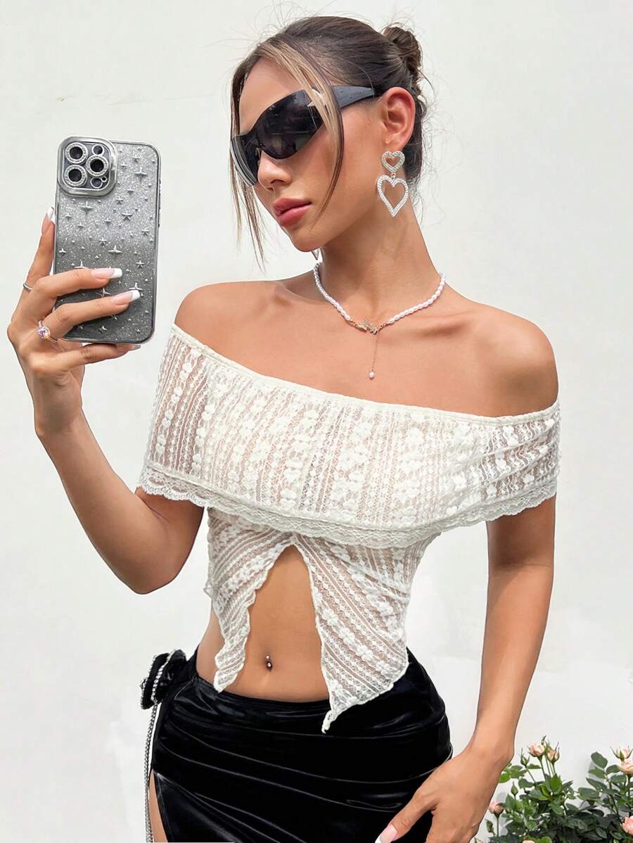 SHEIN ICON Y2K schlank geschnittenes Damen Top mit sehr weitem gefaltetem Off-Shoulder Design, Strukturstoff und gespaltener Untersaum mit spitzen Enden, Outfit für Sommerspaziergang oder Ausgehen