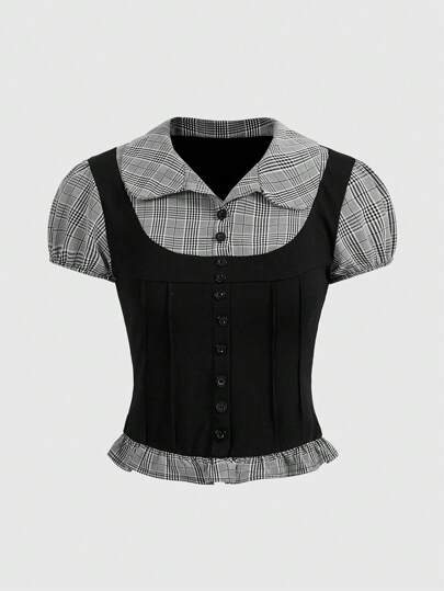 Academia Top à manches courtes avec style académique en noir et gris, avec empiècement à carreaux, idéal pour le printemps et l'été, pour l'école