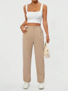 SHEIN PETITE Women Solid Color Daily Wear Casual Straight-Cut Long Pants - Khaki - View 5
