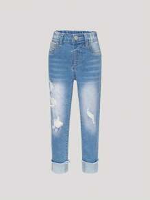 Jeans décontractés effilés et déchirés pour jeunes filles