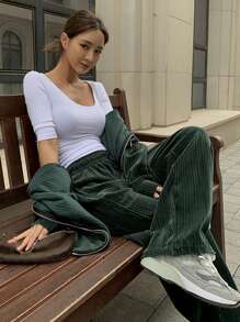 DAZY Camiseta de mujer de unicolor de punto acanalado con cuello redondo grande, para verano - Blanco - Ver 7