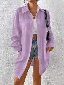 SHEIN EZwear 純色紋理下垂肩寬鬆休閒襯衫 - 紫色 - 查看 4