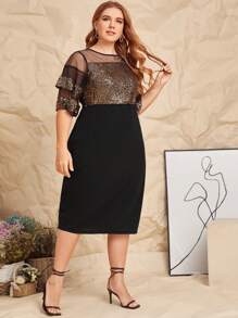 Modelyn Plus Mesh Yoke Sequin Bodice Dress - Multicolor - View 5