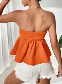 Muchica Women Solid Color Pleated Tube Top For Summer - Orange - View 2