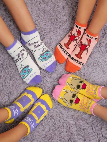 FRIENDS X SHEIN 4 par korta damsockor med tecknade och sloganmönster, presenter
