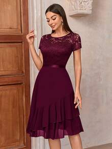 MIUSOL Contrast Floral Lace Chiffon Insert Ruffle Trim Cocktail Party A-Line Dress