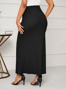 SHEIN Lady Women Solid Color Textured Drawstring Waist Skirt With Slanted Pockets - Black - View 2
