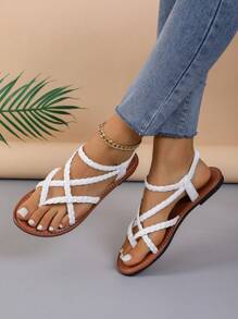 Women Woven Flat Sandals In Black/Brown, Flip Flops With Toe Ring And Open Toe, Non-Slip Slipper For Indoor And Outdoor Use - White - View 2