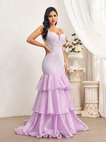 SHEIN Belle Elegante vestido ajustado con diseño de Body de sirena en estilo princesa con copa de pecho con tirantes spaghetti de tela de organza de encaje púrpura y ribetes de volantes de triple capa en el dobladillo y tirantes spaghetti para ocasiones formales de noche adecuado para ropa para padres e hijos para actividades de padres e hijos temporada de bodas temporada de graduación Día de la Madre festival de música fiesta formal de damas vestido de noche prom